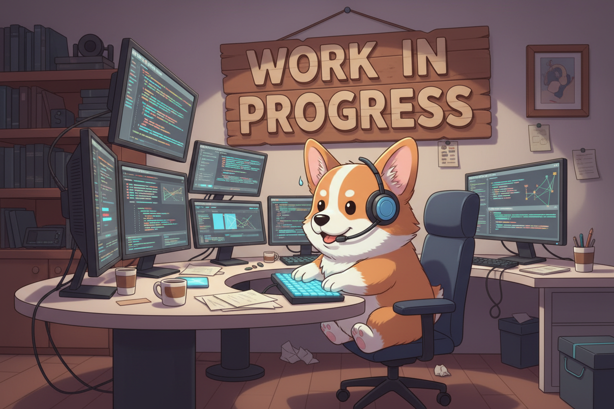 Ein Corgi mit Headset sitzt an einem Schreibtisch vor mehreren Monitoren, auf denen Programmcode zu sehen ist, während an der Wand ein Schild mit der Aufschrift „Work in Progress“ hängt.