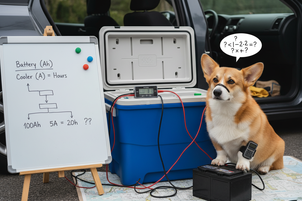 Ein Corgi sitzt neben einer Kühlbox und einer Autobatterie vor einer Tafel mit einer mathematischen Berechnung zur Batterielaufzeit.